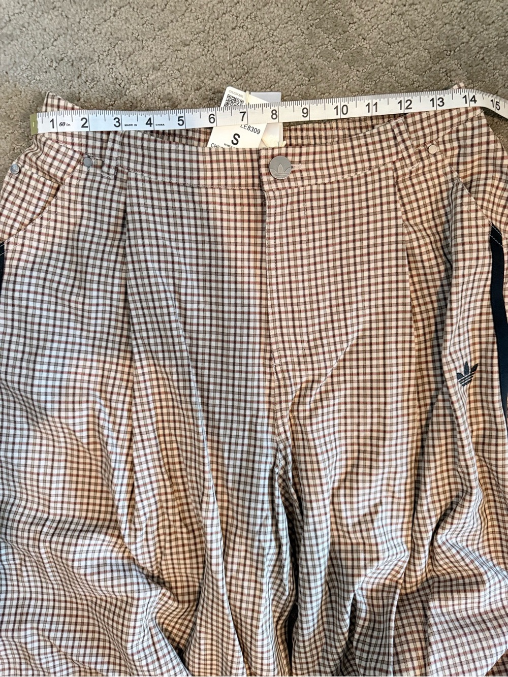 adidas Tan Brown Checked Wide Leg Pants with Black Side Stripes - Picture 6 of 8